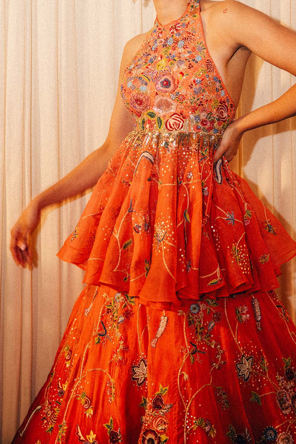 Anar Bel Silk Organza Lehenga with Silk Organza Blouse in Coral