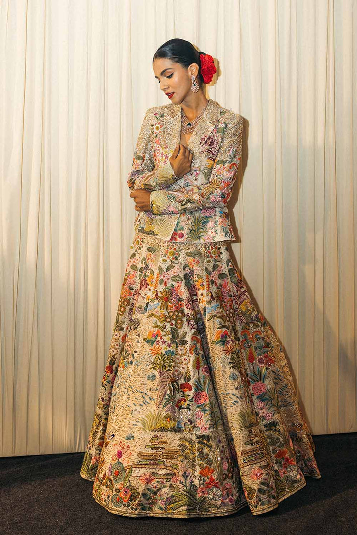 Kayra Hand-Embroidered Kayra with Kayra Silk Organza Lehenga in Black and Mint