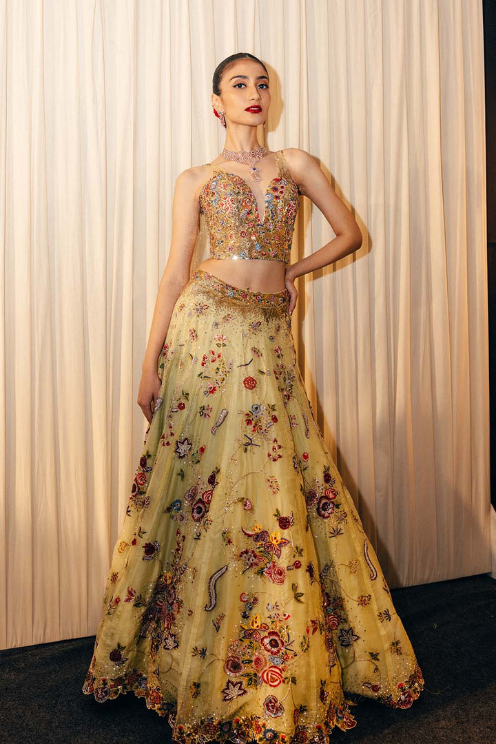 Anar Bel Silk Organza Lehenga with Hand-Embroidered Corset with Trail in Coral and Lime