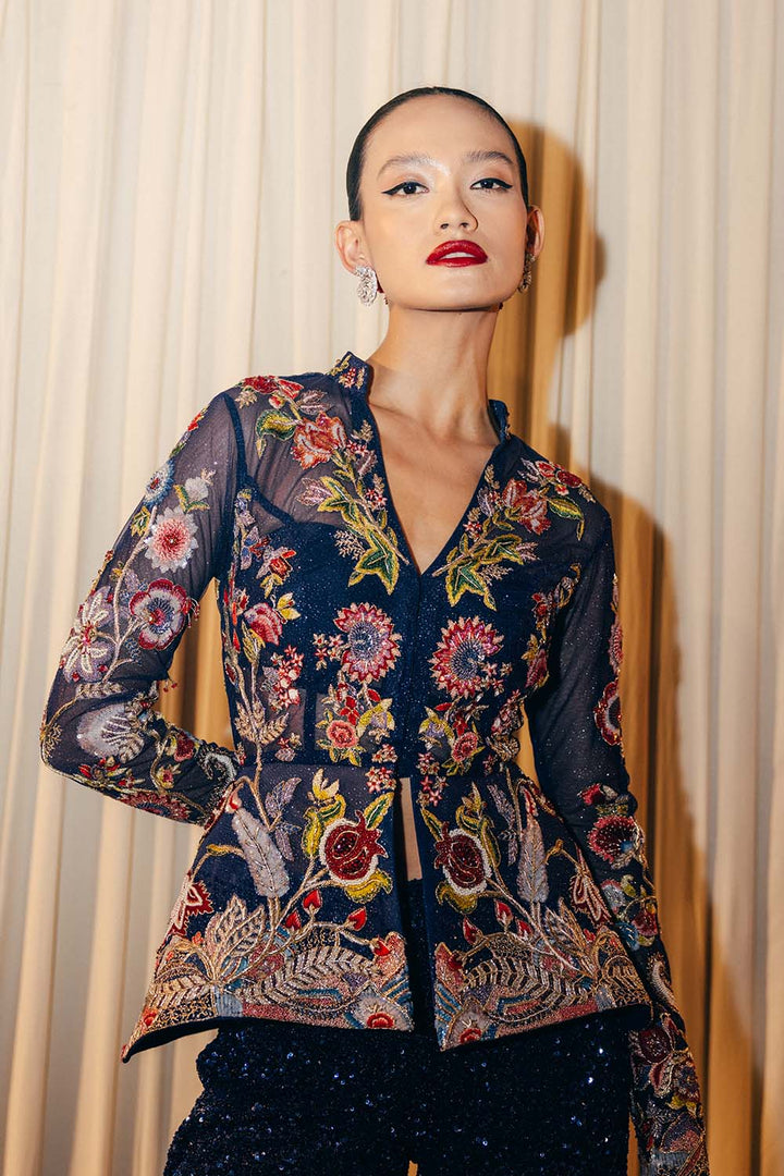 Anar Bel Hand-Embroidered Jacket with Hand-Embroidered Sharara in Blue