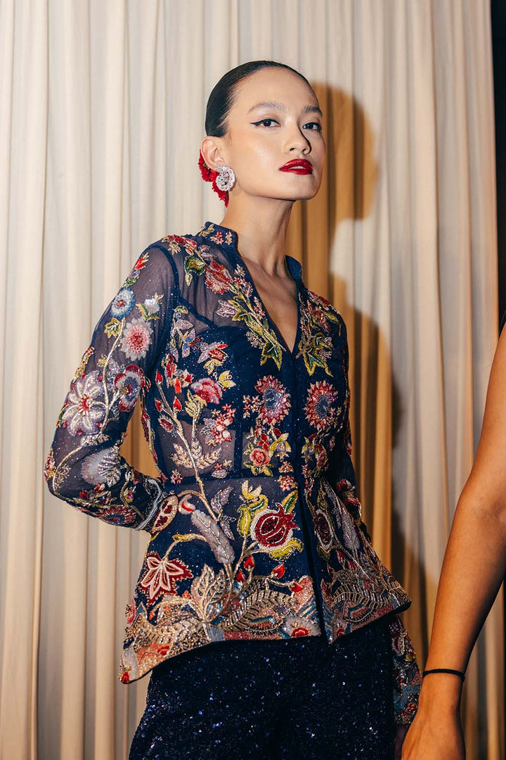 Anar Bel Hand-Embroidered Jacket with Hand-Embroidered Sharara in Blue
