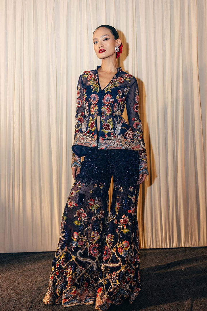Anar Bel Hand-Embroidered Jacket with Hand-Embroidered Sharara in Blue