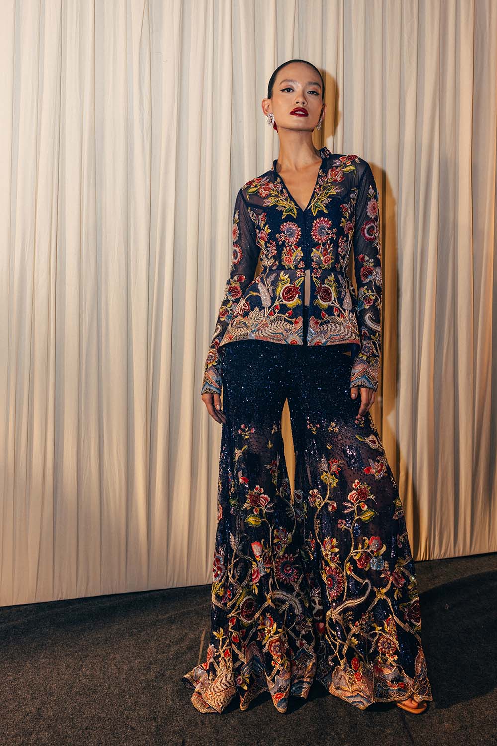 Anar Bel Hand-Embroidered Jacket with Hand-Embroidered Sharara in Blue