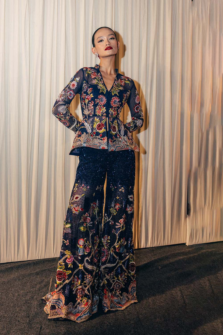 Anar Bel Hand-Embroidered Jacket with Hand-Embroidered Sharara in Blue