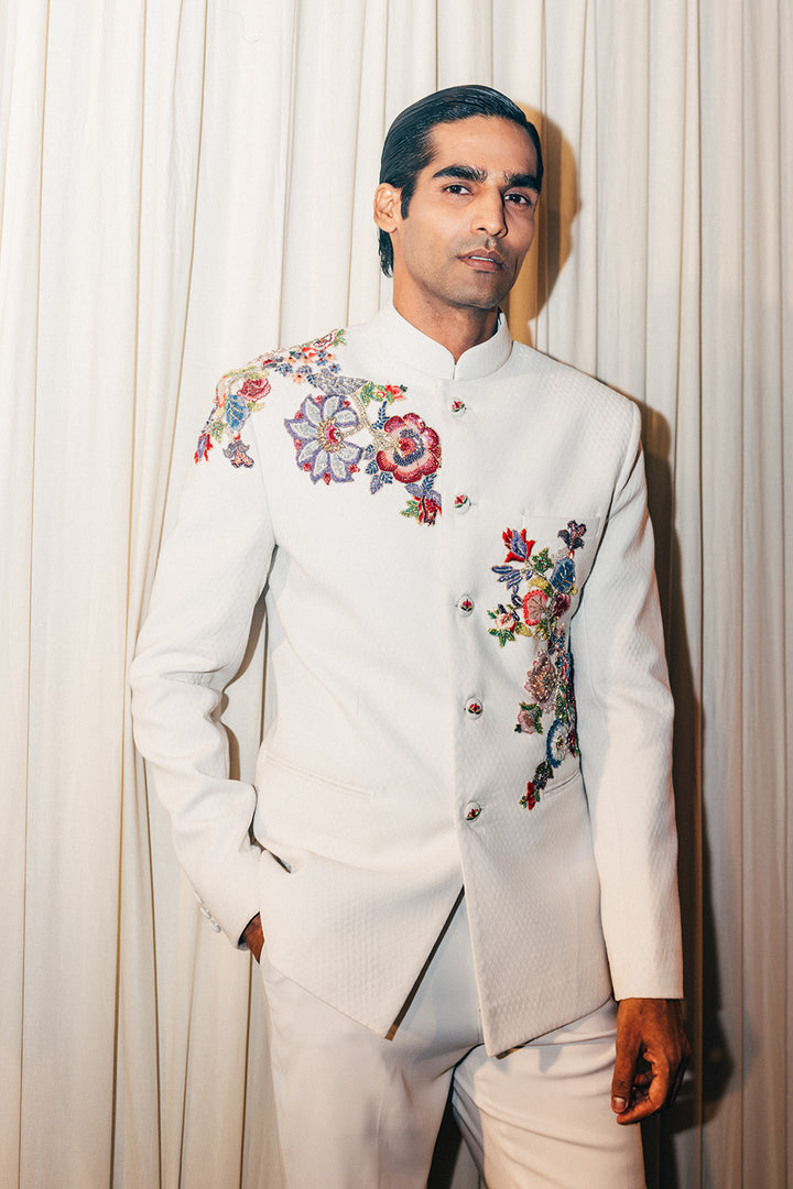 Anar Bel Silk Satin Bandhgala in Ivory