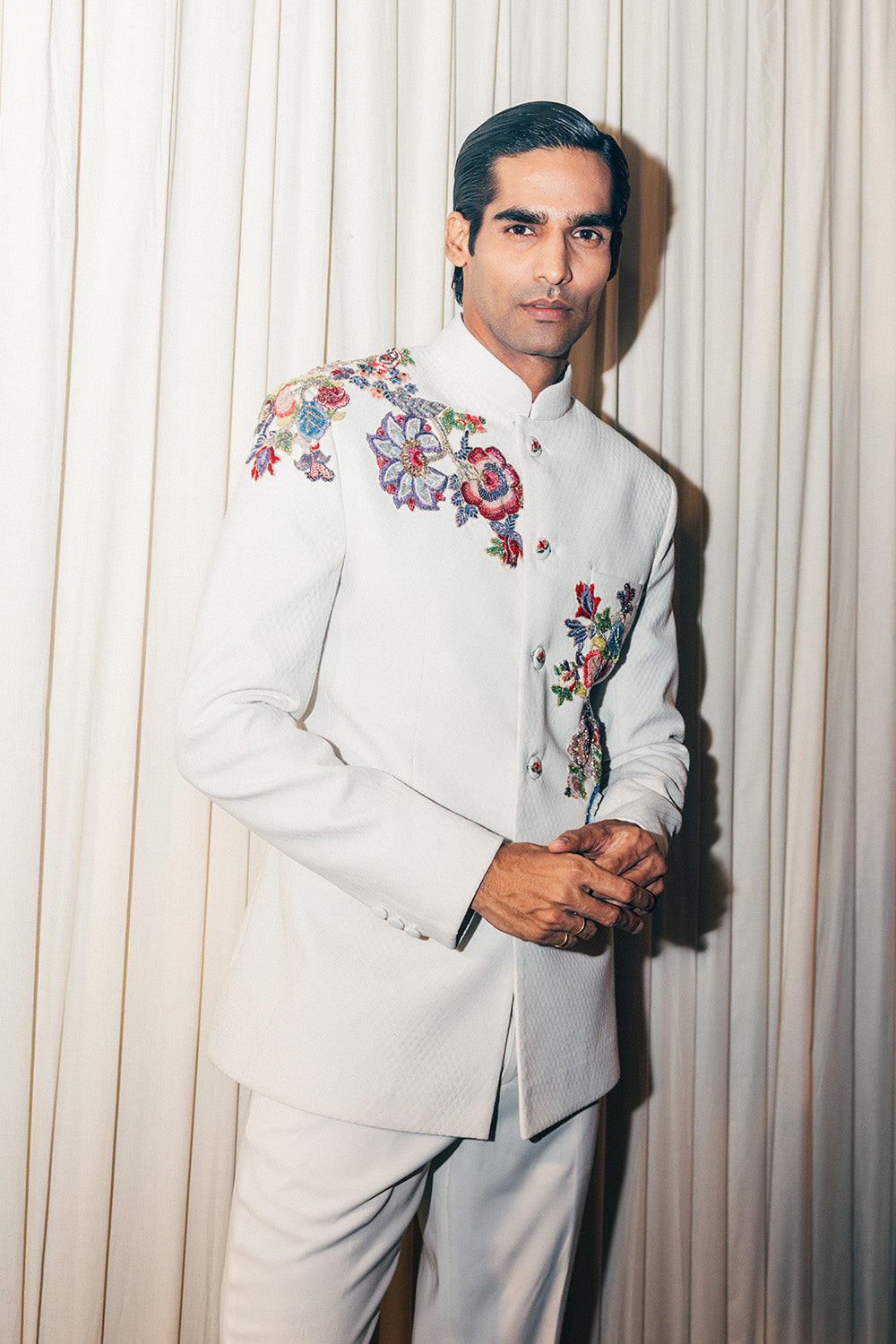 Anar Bel Silk Satin Bandhgala in Ivory