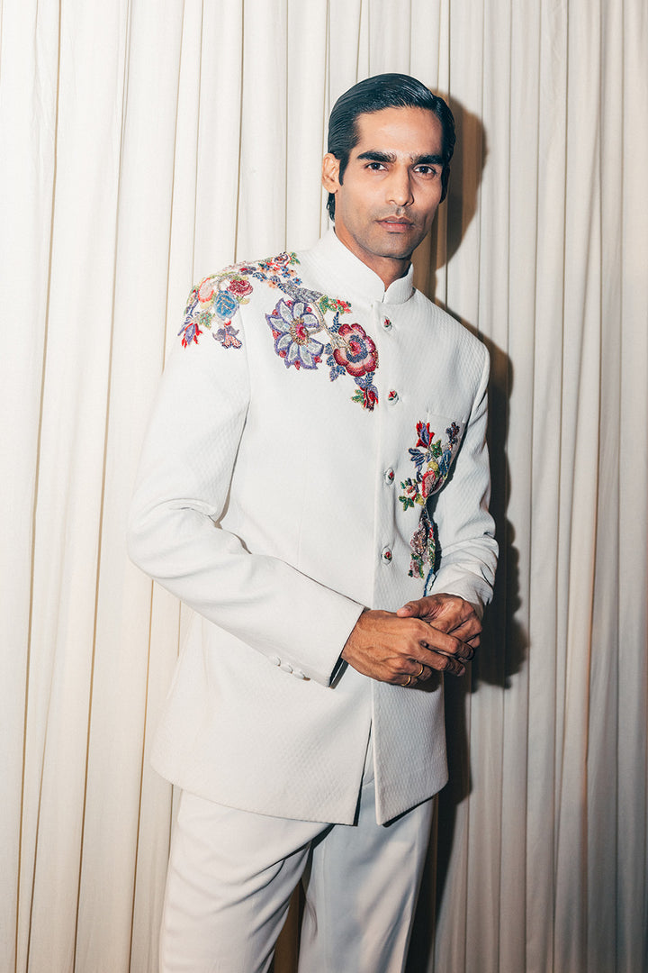 Anar Bel Silk Satin Bandhgala in Ivory