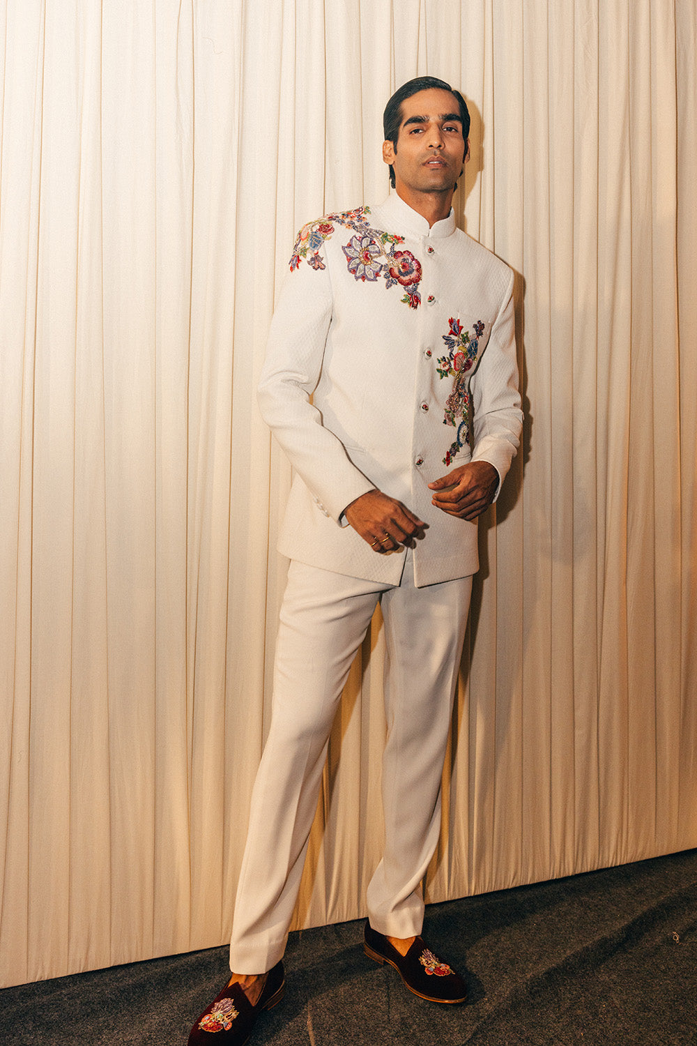 Anar Bel Silk Satin Bandhgala in Ivory