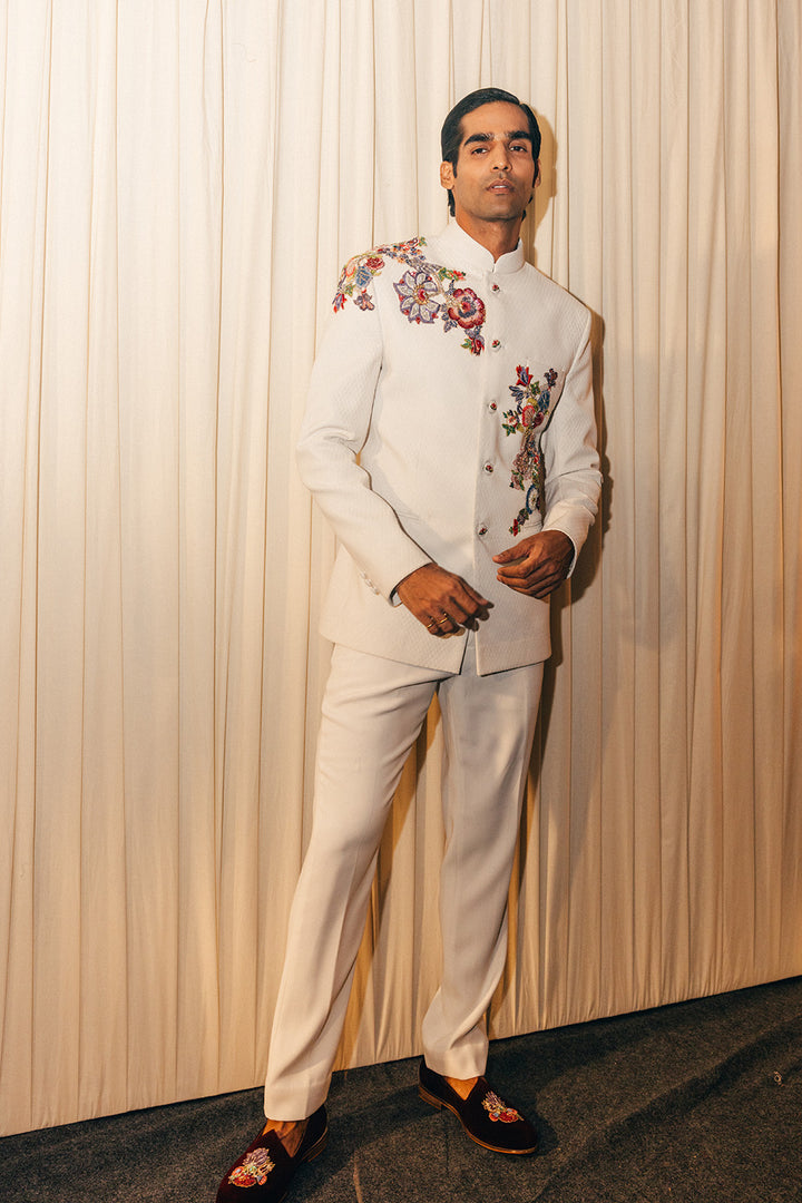 Anar Bel Silk Satin Bandhgala in Ivory