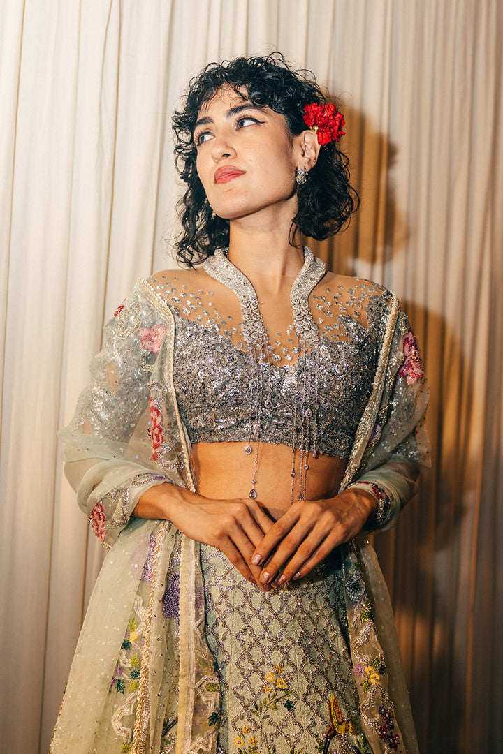 Birds Of Paradise Lehenga, Leaf Textured Blouse &amp; Dupatta in Mint, Silver, and Nude