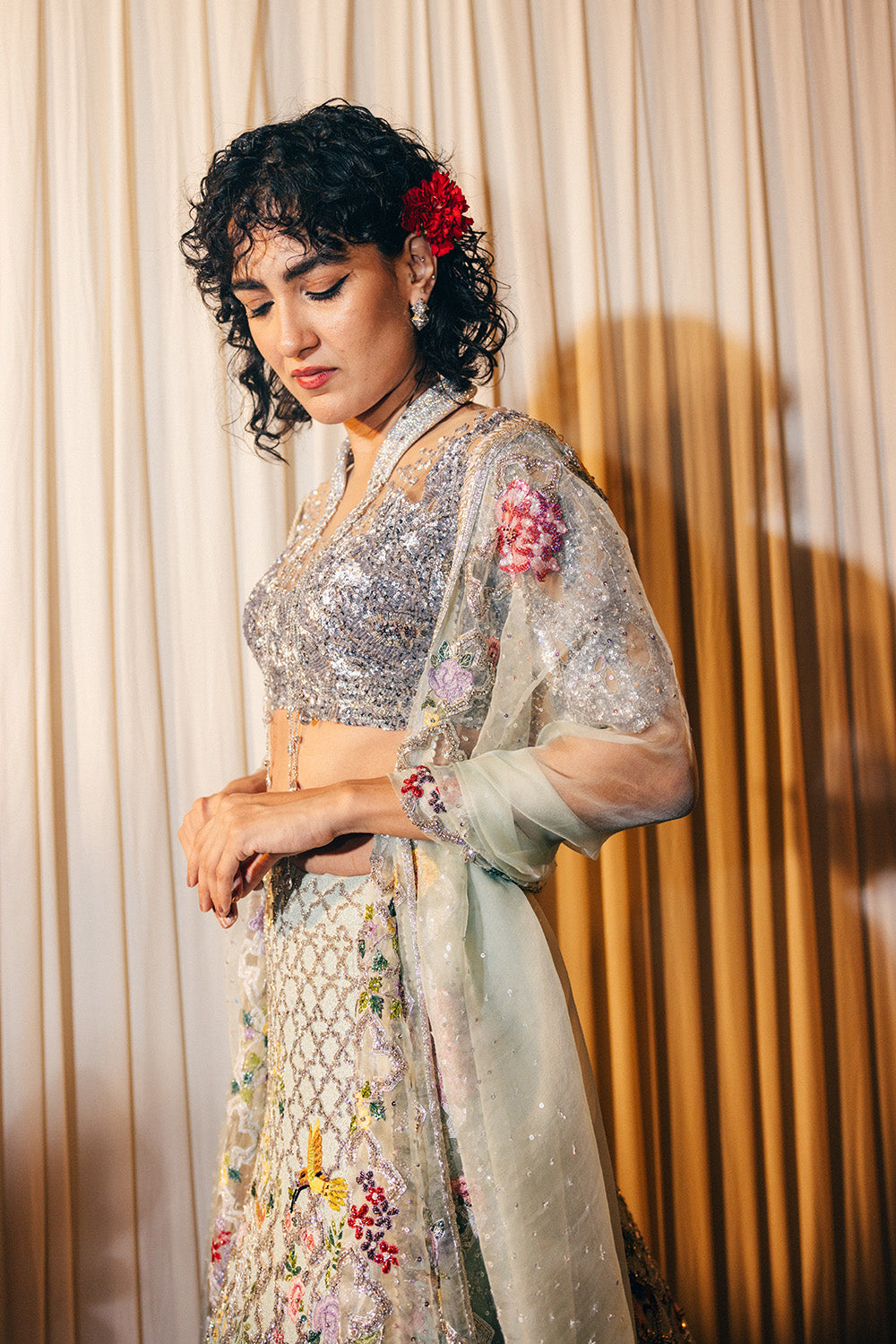 Birds Of Paradise Lehenga, Leaf Textured Blouse &amp; Dupatta in Mint, Silver, and Nude