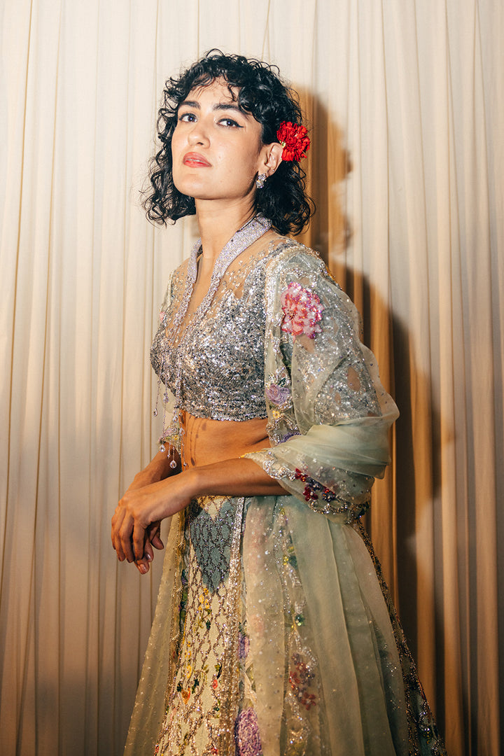 Birds Of Paradise Lehenga, Leaf Textured Blouse &amp; Dupatta in Mint, Silver, and Nude