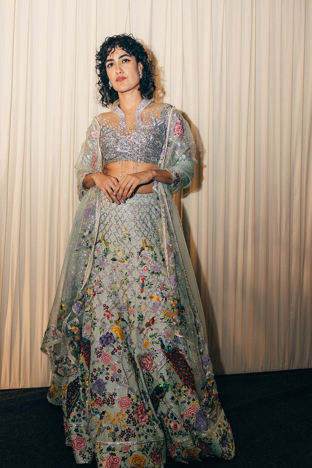 Birds Of Paradise Lehenga, Leaf Textured Blouse &amp; Dupatta in Mint, Silver, and Nude