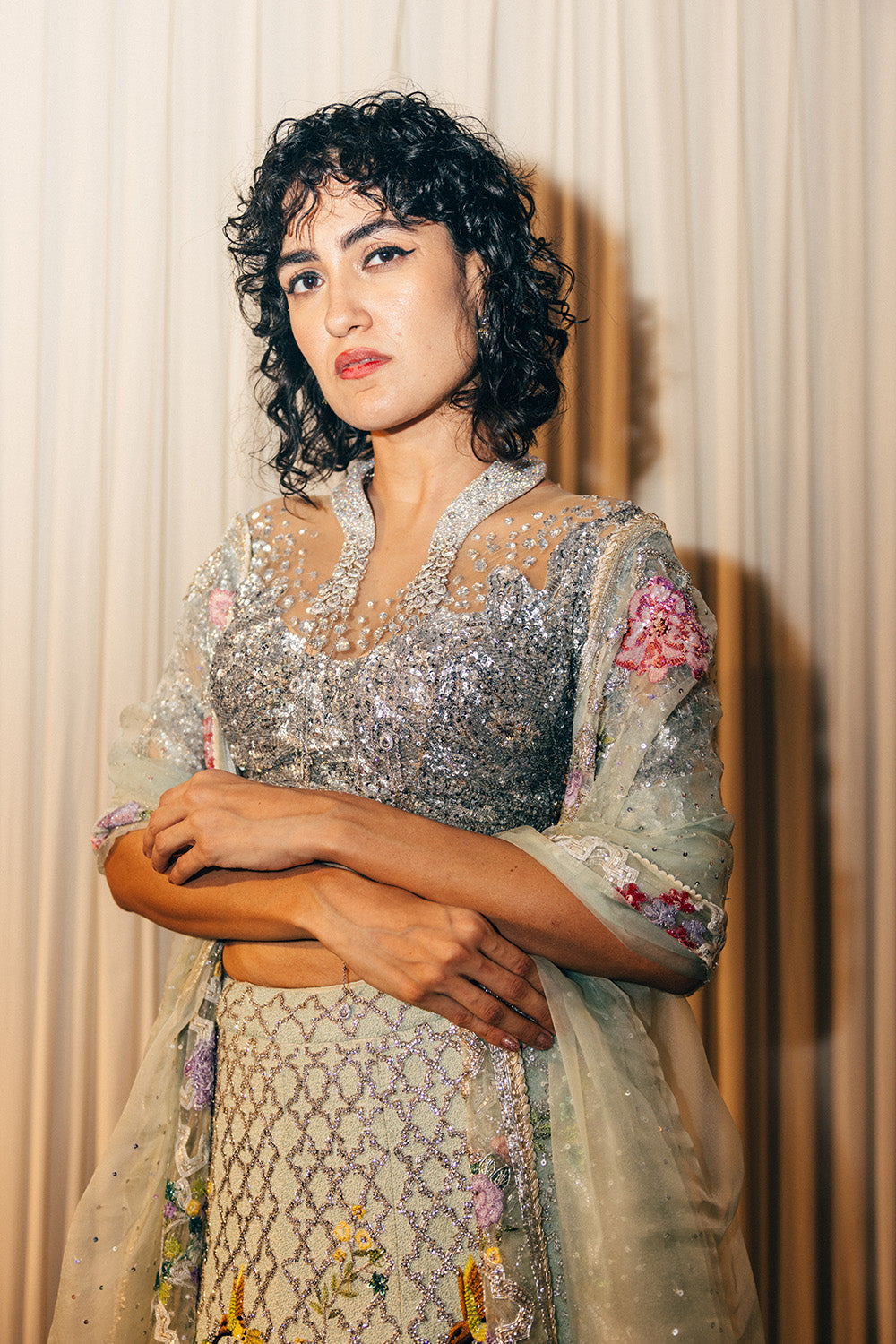 Birds Of Paradise Lehenga, Leaf Textured Blouse &amp; Dupatta in Mint, Silver, and Nude