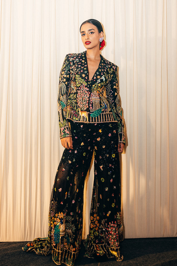 Jharokha Hand-Embroidered Jacket with Jharokha Hand-Embroidered Sharara in Black
