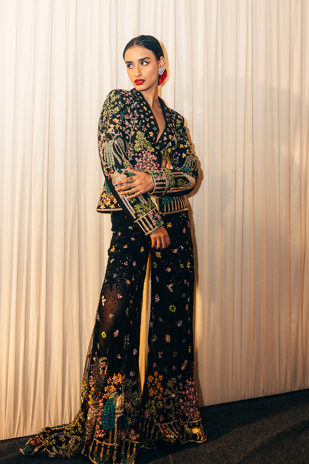 Jharokha Hand-Embroidered Jacket with Jharokha Hand-Embroidered Sharara in Black