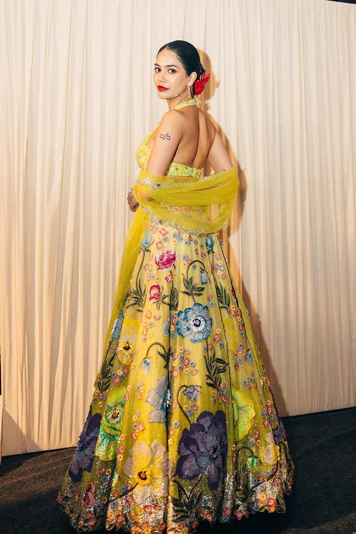 Peonies Silk Organza Lehenga and Hand-Embroidered Blouse with Peonies Silk Organza Dupatta in Lime Green and Ivory