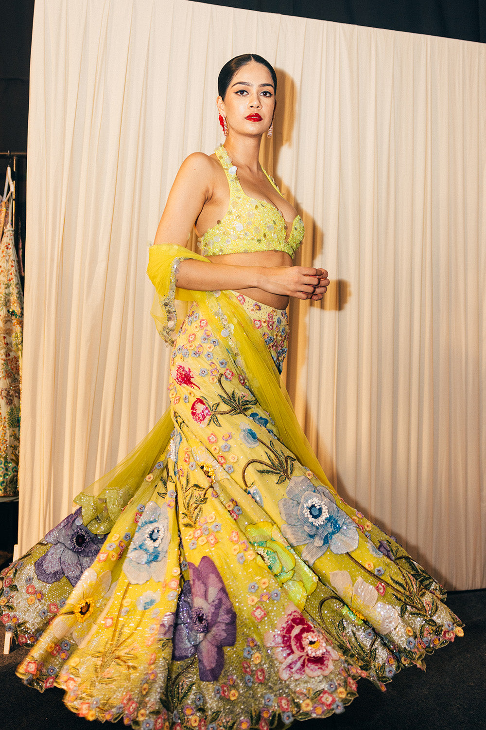 Peonies Silk Organza Lehenga and Hand-Embroidered Blouse with Peonies Silk Organza Dupatta in Lime Green and Ivory
