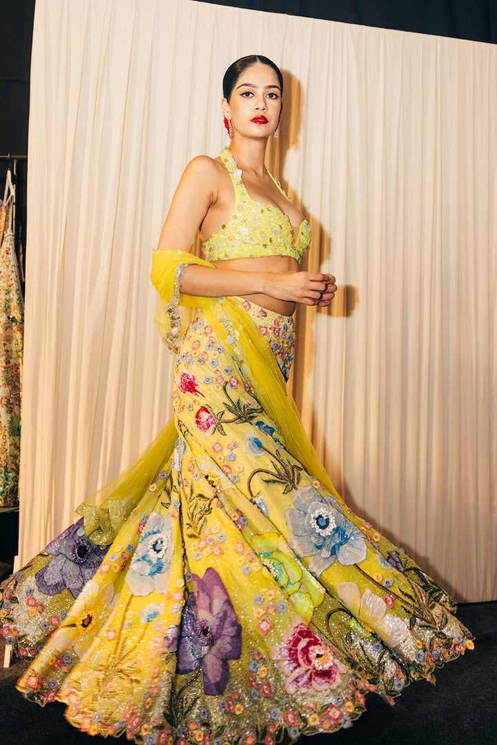 Peonies Silk Organza Lehenga and Hand-Embroidered Blouse with Peonies Silk Organza Dupatta in Lime Green and Ivory
