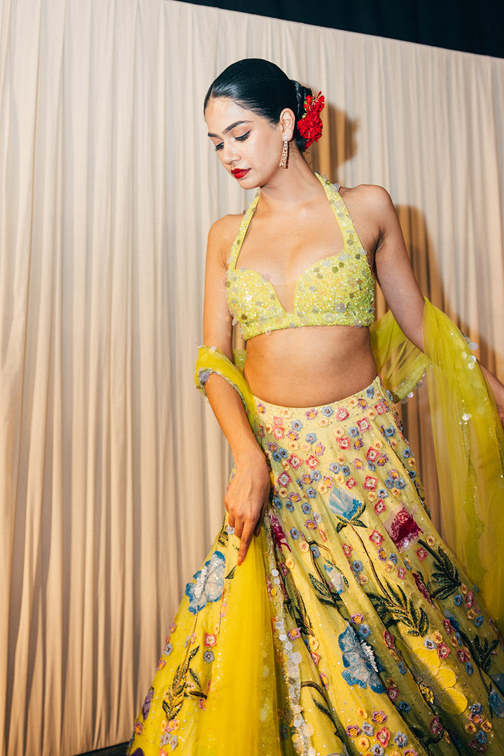 Peonies Silk Organza Lehenga and Hand-Embroidered Blouse with Peonies Silk Organza Dupatta in Lime Green and Ivory