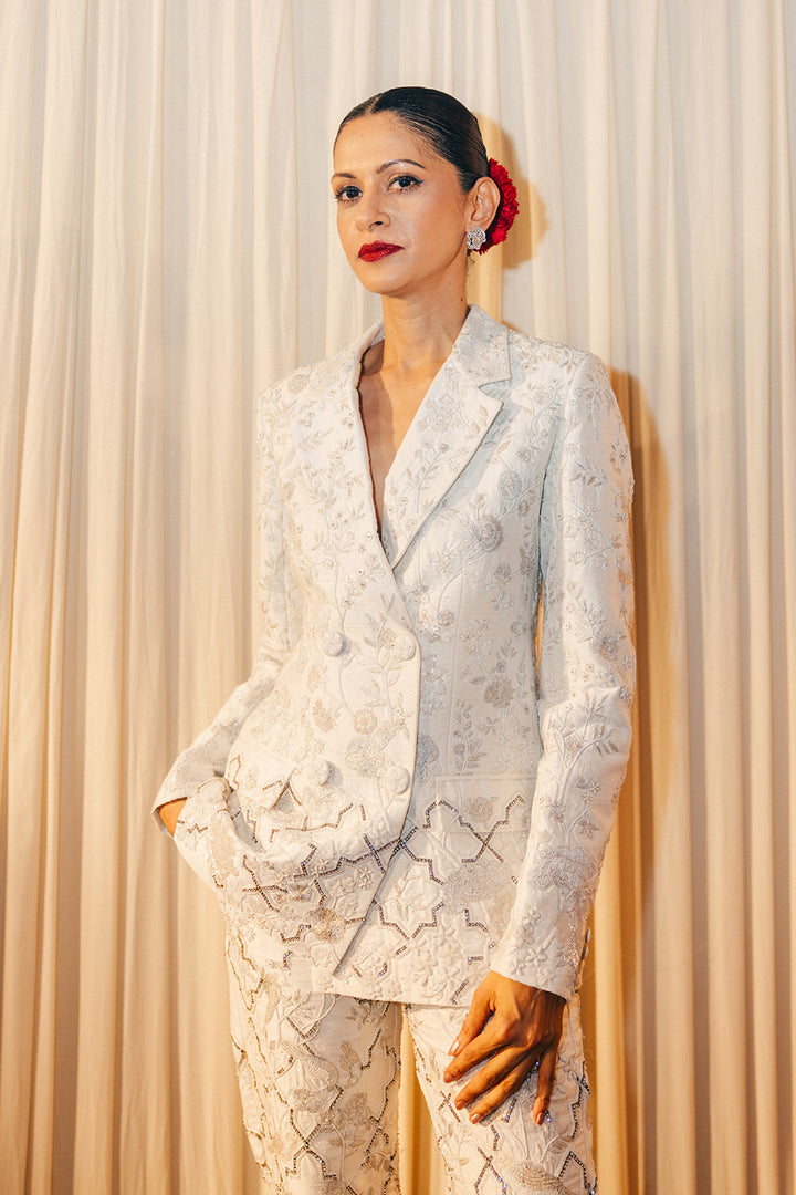Birds Of Paradise Hand-Embroidered Jacket with Hand-Embroidered Trousers in Ivory