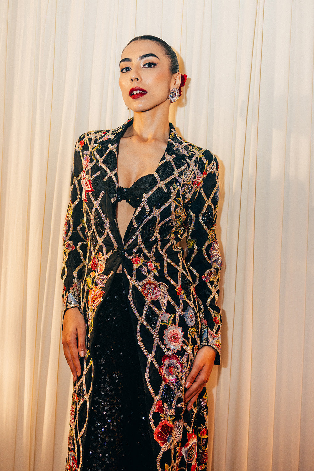 Anar Bel Silk Organza Trench Coat with Sequinence Hand-Sequinned Trousers in Black