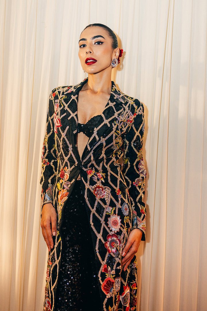 Anar Bel Silk Organza Trench Coat with Sequinence Hand-Sequinned Trousers in Black