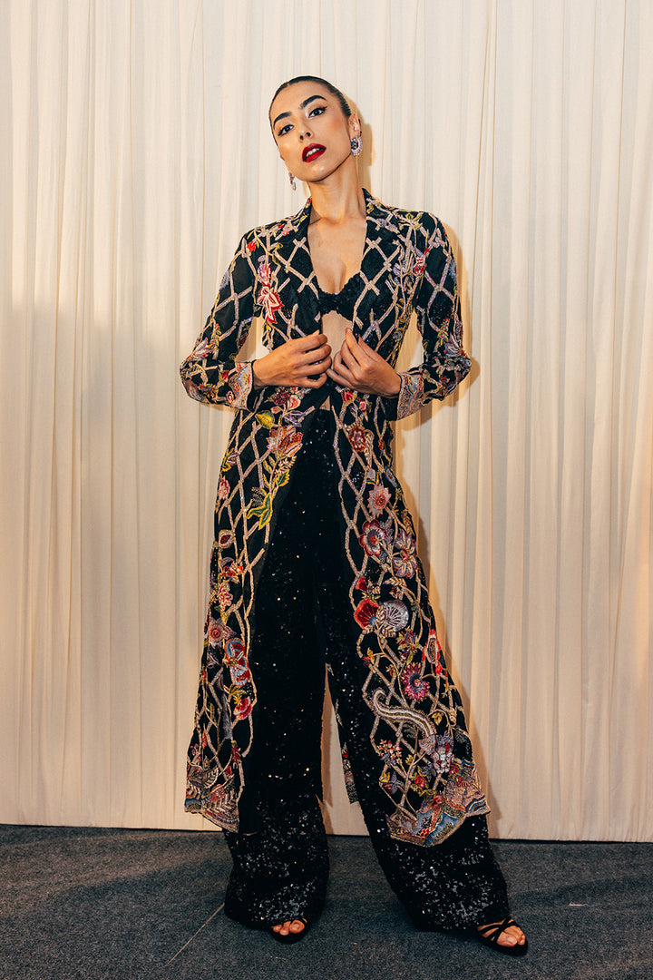 Anar Bel Silk Organza Trench Coat with Sequinence Hand-Sequinned Trousers in Black