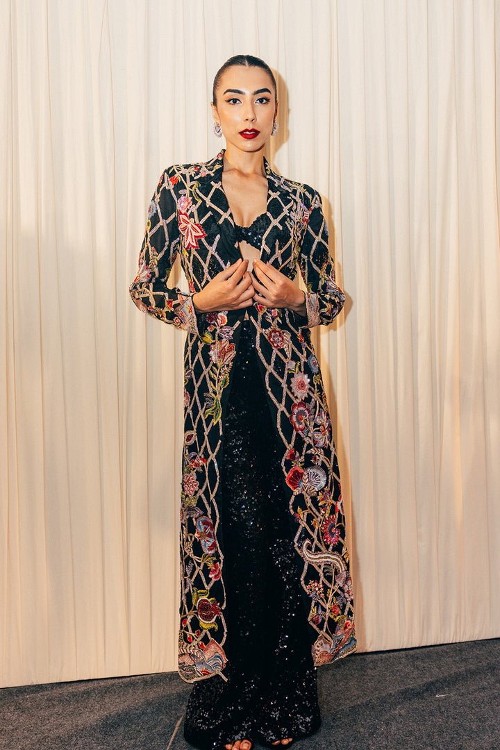 Anar Bel Silk Organza Trench Coat with Sequinence Hand-Sequinned Trousers in Black