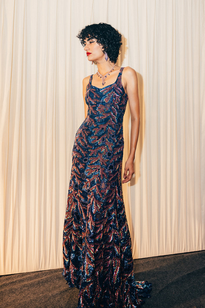 Leaf Textured Hand-Embroidered Gown in Navy