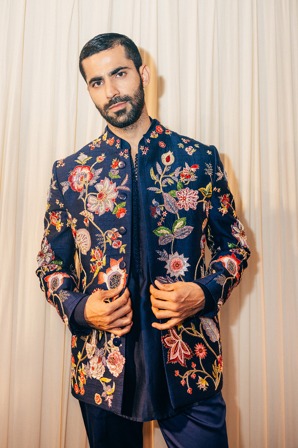 Anar Bel Hand-Embroidered Bandhgala in Navy