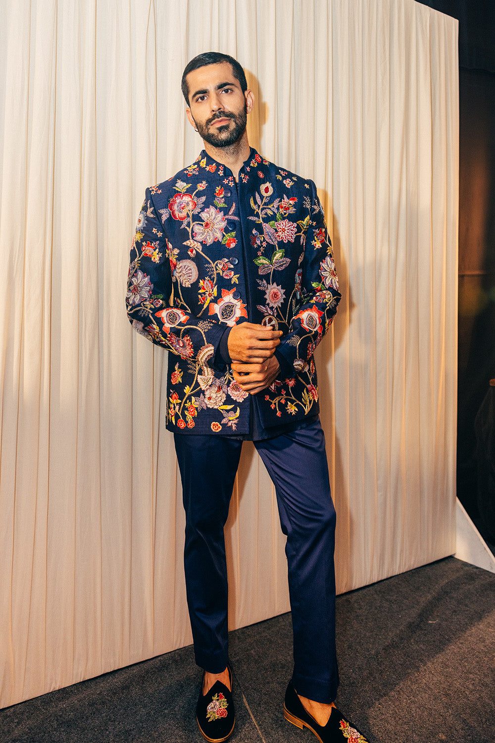 Anar Bel Hand-Embroidered Bandhgala in Navy
