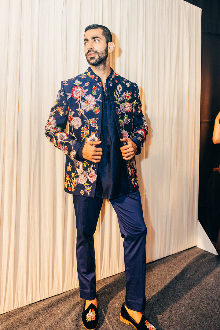 Anar Bel Hand-Embroidered Bandhgala in Navy