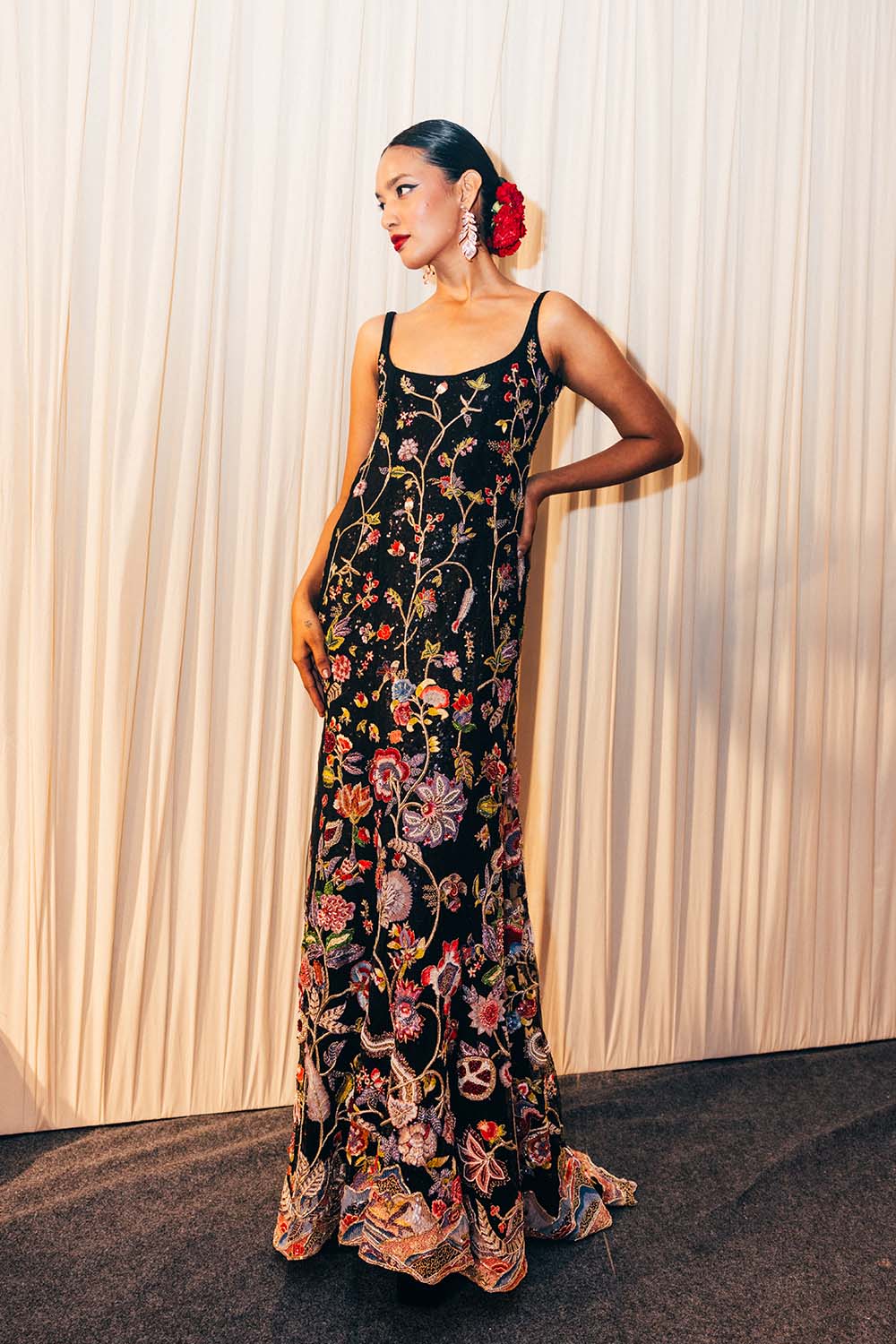 Anar Bel Hand-Embroidered Gown in Black