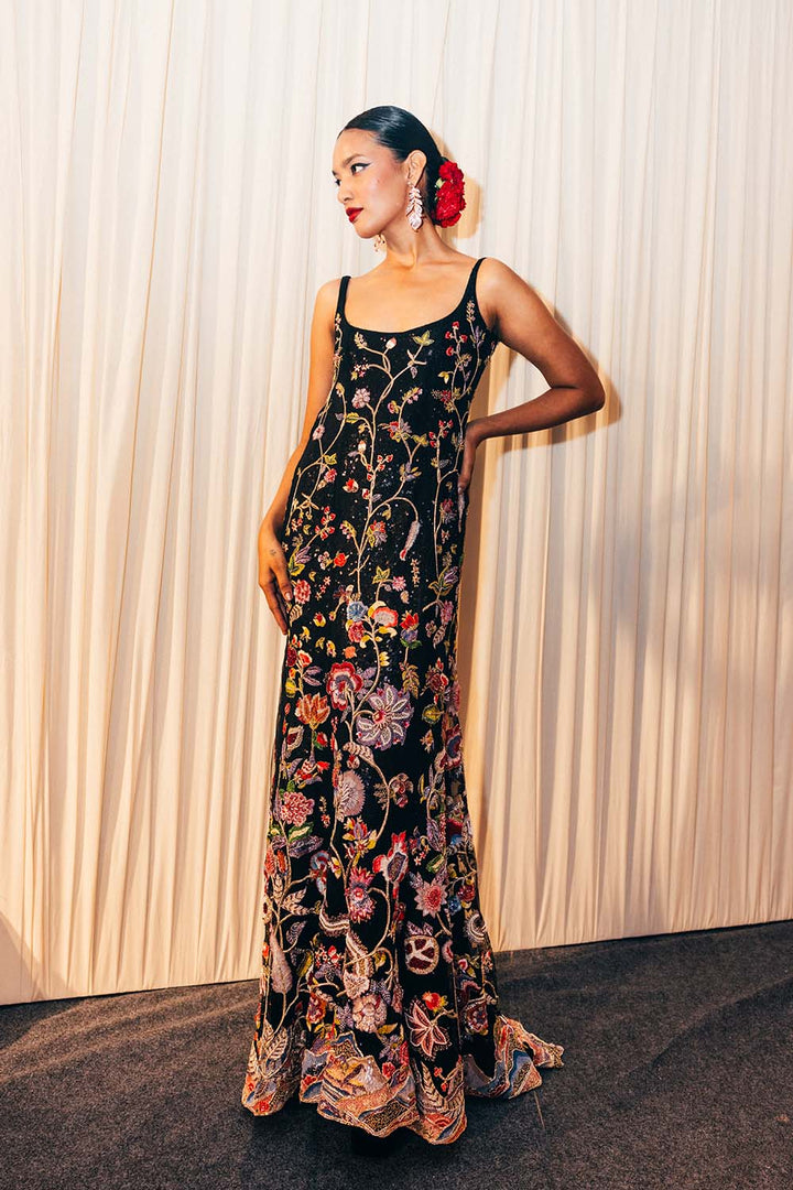 Anar Bel Hand-Embroidered Gown in Black