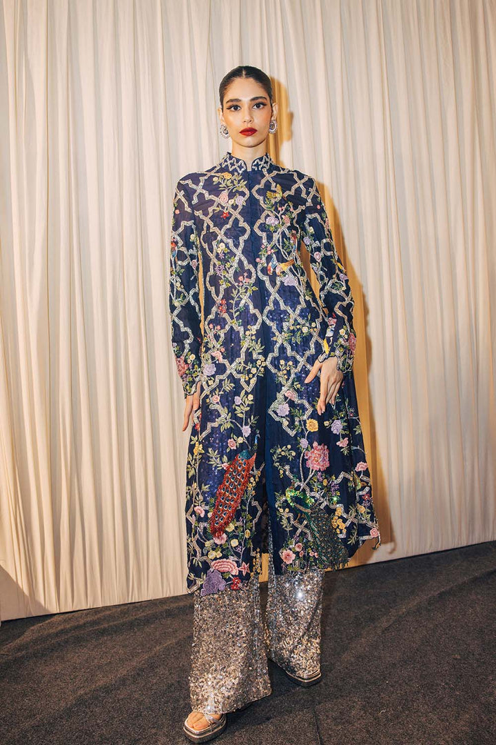 Birds Of Paradise Silk Organza Kalidar Kurta with Sequinence Hand-Sequinned Trousers in Navy and Black