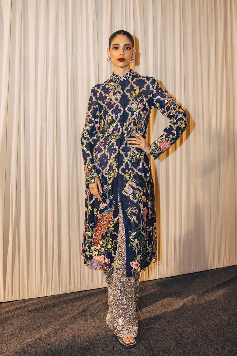 Birds Of Paradise Silk Organza Kalidar Kurta with Sequinence Hand-Sequinned Trousers in Navy and Black