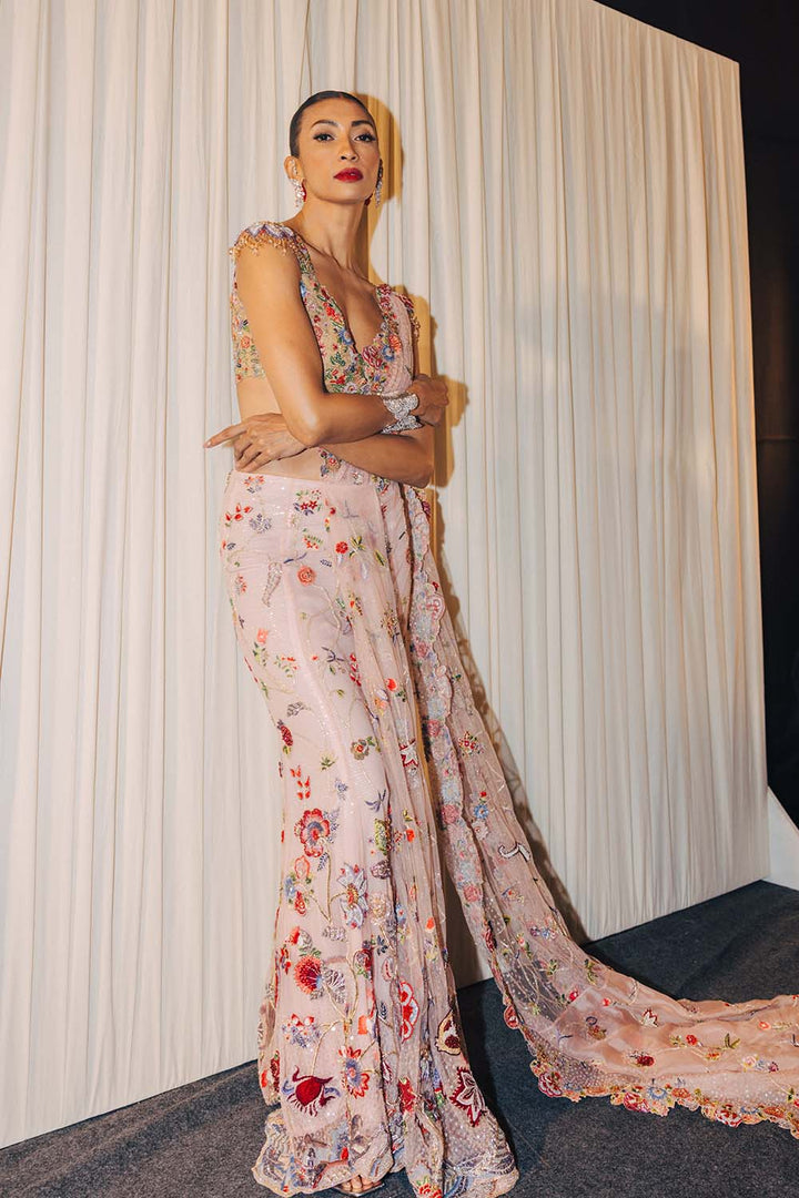 Anar Bel Hand-Embroidered Saree with Hand-Embroidered Blouse in Dusty Pink and Nude