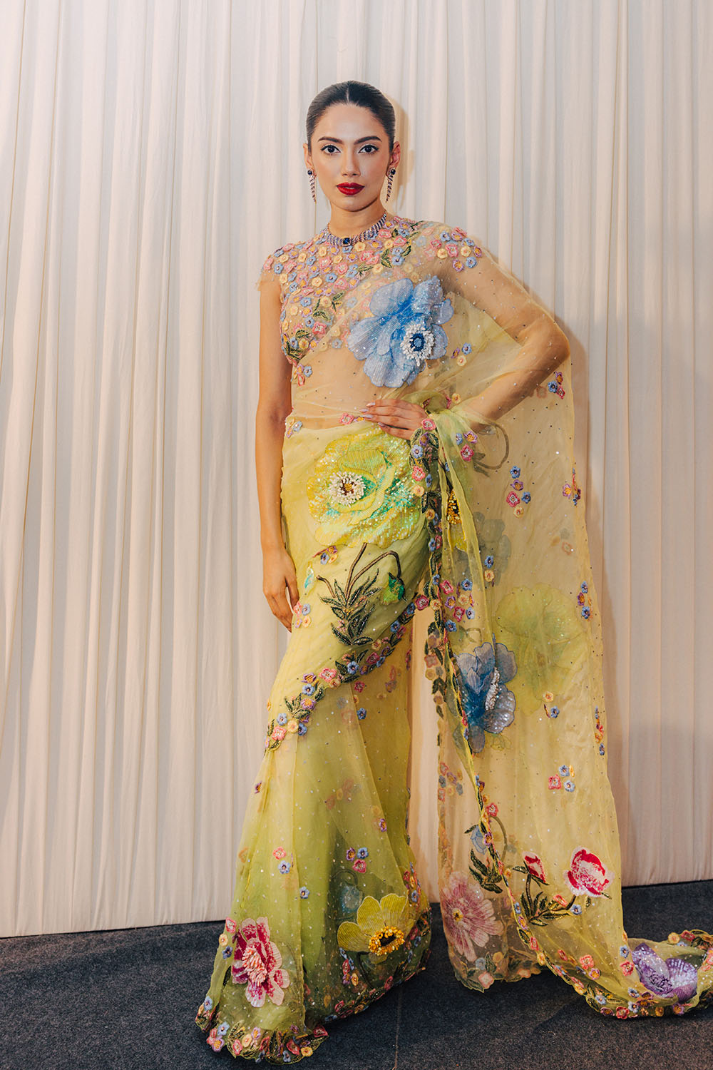 Peonies Silk Organza Saree with Peonies Hand-Embroidered Blouse in Lime Ombre and Lime