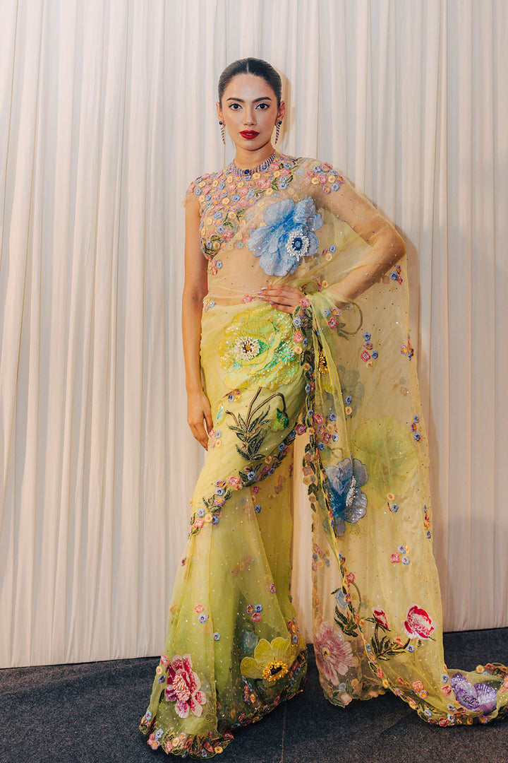 Peonies Silk Organza Saree with Peonies Hand-Embroidered Blouse in Lime Ombre and Lime