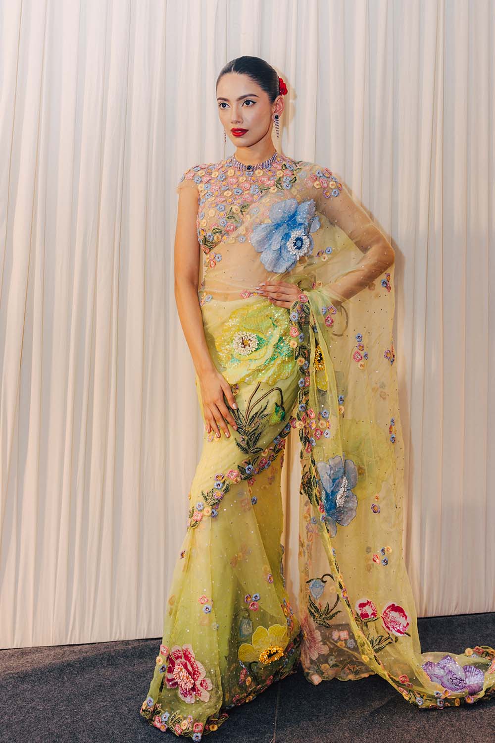 Peonies Silk Organza Saree with Peonies Hand-Embroidered Blouse in Lime Ombre and Lime