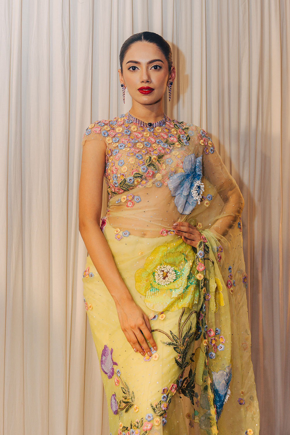 Peonies Silk Organza Saree with Peonies Hand-Embroidered Blouse in Lime Ombre and Lime