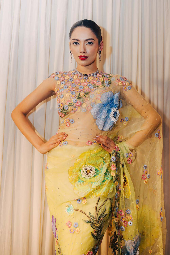 Peonies Silk Organza Saree with Peonies Hand-Embroidered Blouse in Lime Ombre and Lime