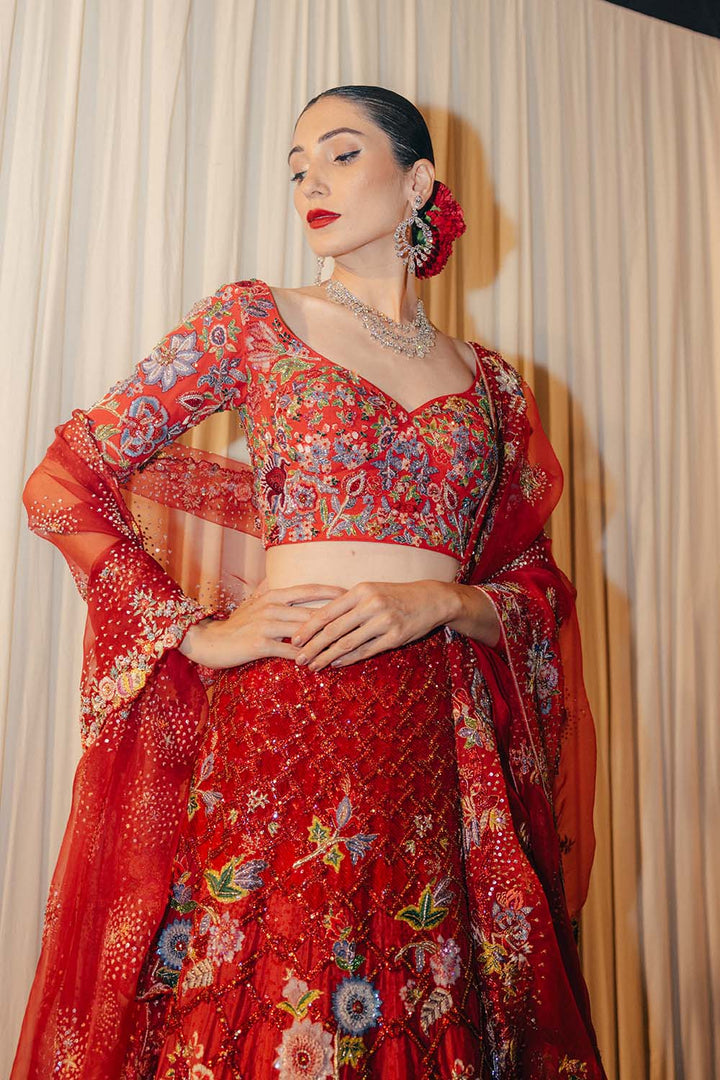 Anar Bel Silk Organza Lehenga, Silk Georgette Blouse &amp; Silk Organza Dupatta in Coral and Dusty Pink