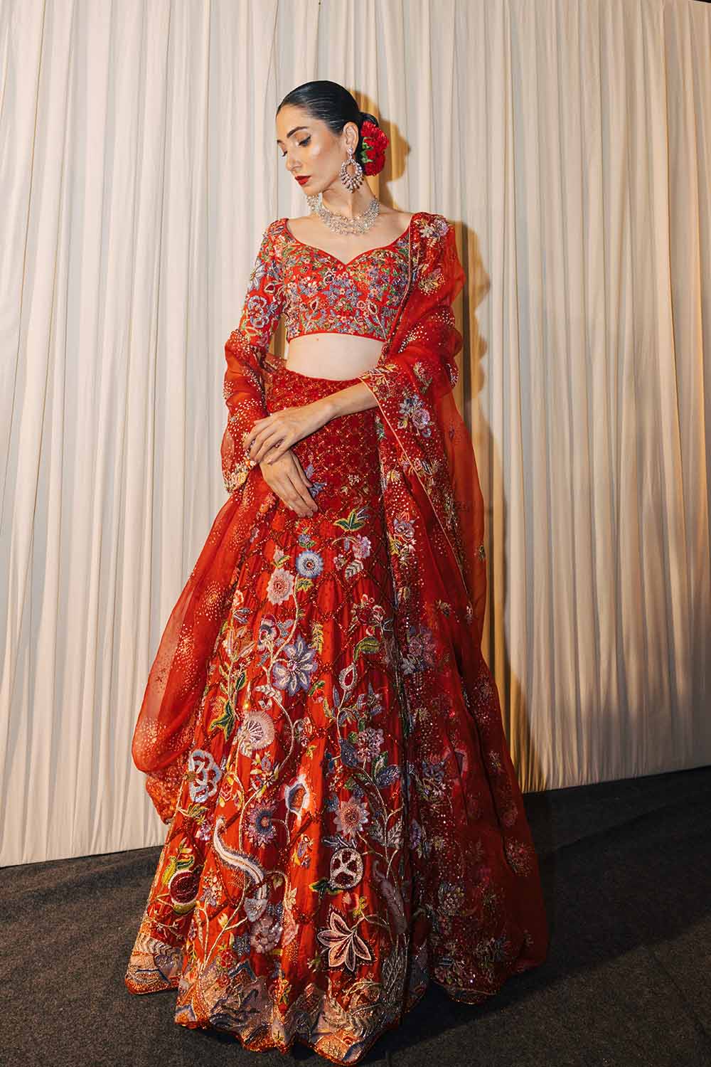 Anar Bel Silk Organza Lehenga, Silk Georgette Blouse &amp; Silk Organza Dupatta in Coral and Dusty Pink