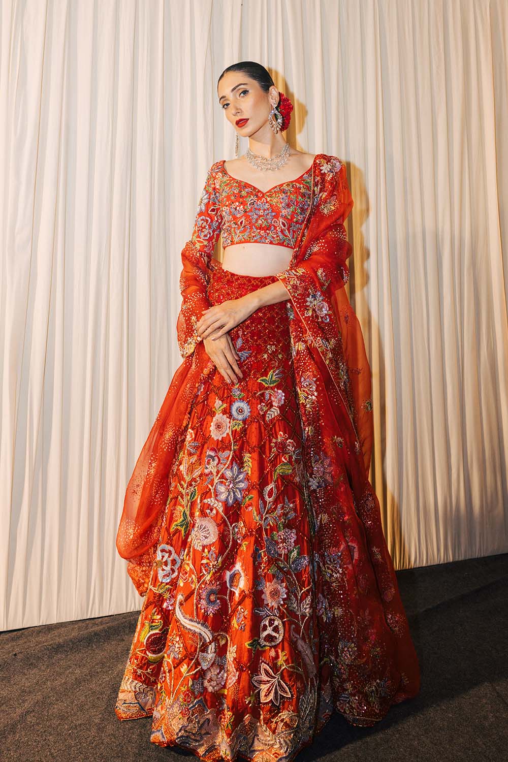 Anar Bel Silk Organza Lehenga, Silk Georgette Blouse &amp; Silk Organza Dupatta in Coral and Dusty Pink