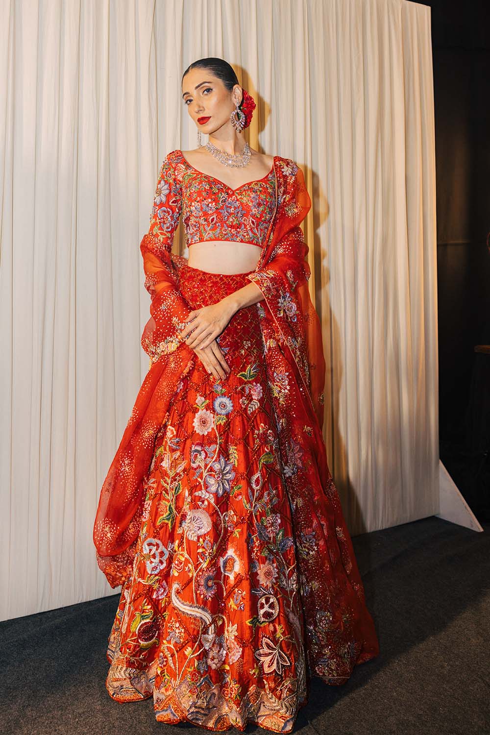 Anar Bel Silk Organza Lehenga, Silk Georgette Blouse &amp; Silk Organza Dupatta in Coral and Dusty Pink