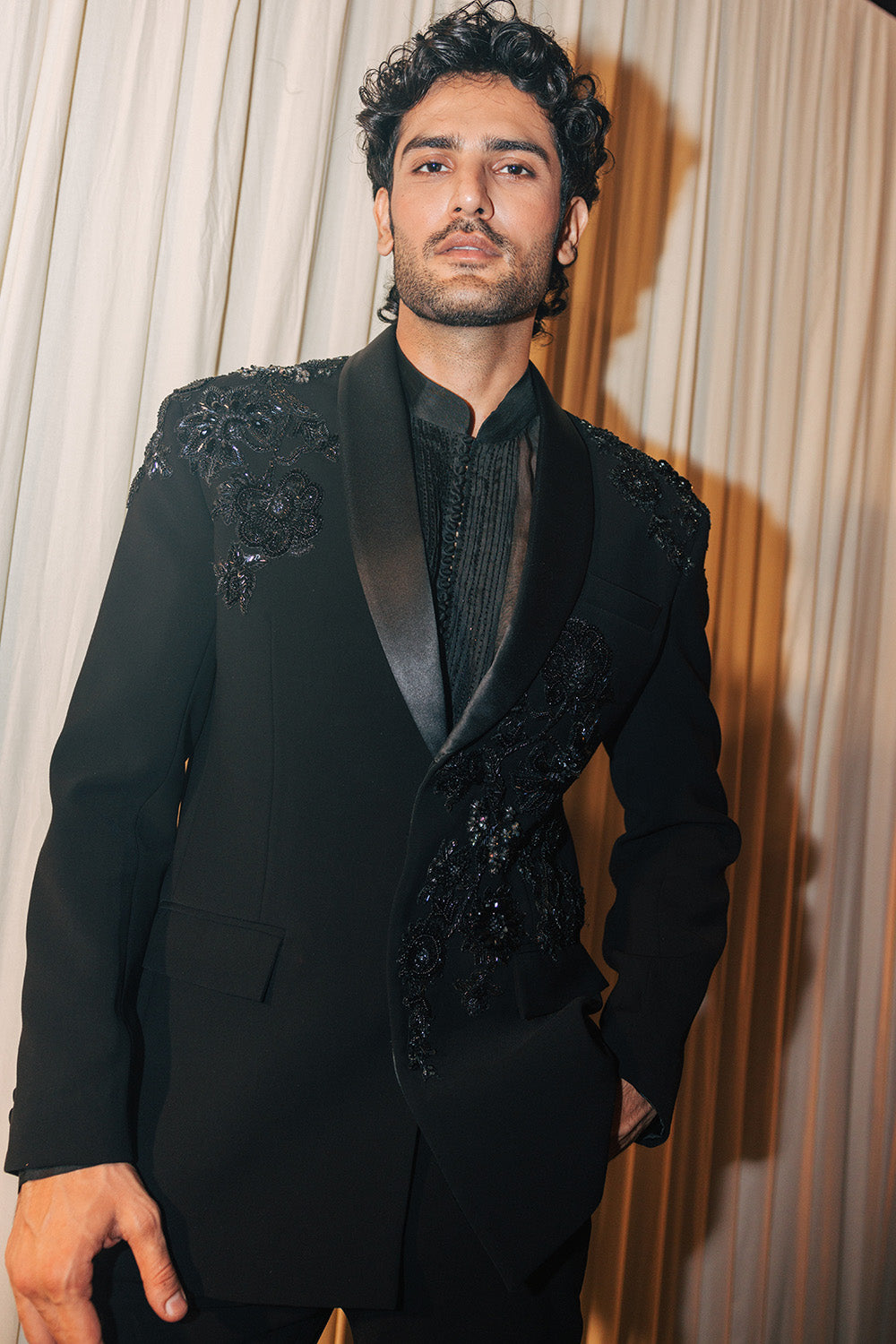 Anar Bel Silk Satin Jacket in Black