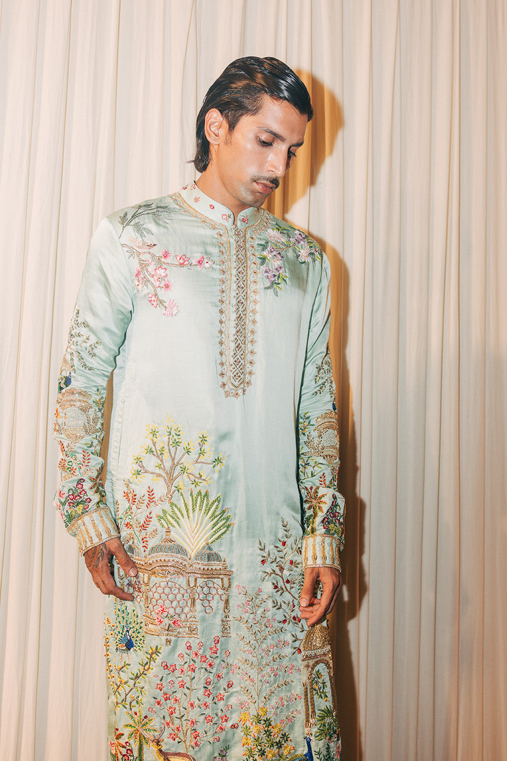 Jharokha Silk Satin Kurta in Mint