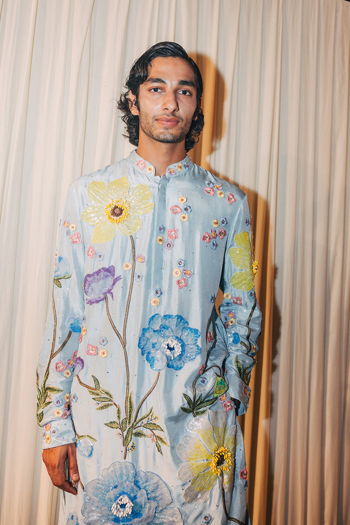 Peonies Hand-Embroidered Kurta in Poweder Blue